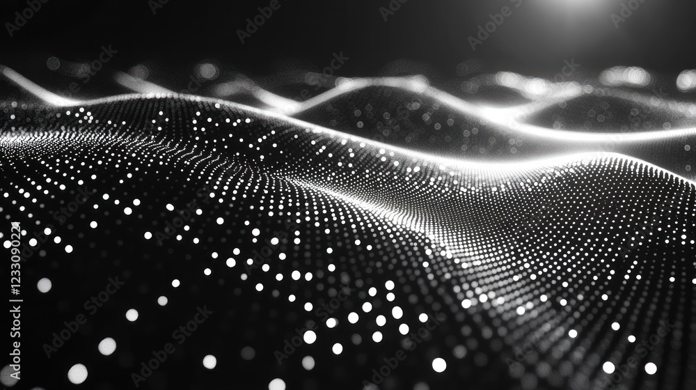 Poster abstract grayscale wave of glowing particles.