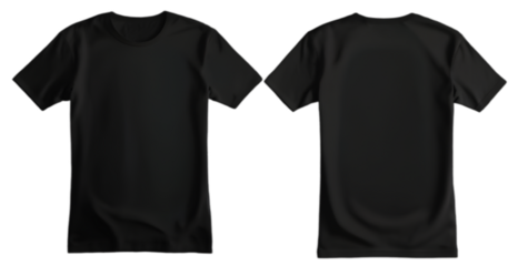 Black t-shirt mockup showing front and back views of a black t-shirt total both side view mockup, isolated on a transparent PNG background.