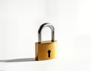Naklejka premium Unlocked padlock on plain white background. Gold colored metal padlock. Simple object. Focus on security and protection concept. Isolated. Security system. Safety. Unlocked status. Safe and secure.