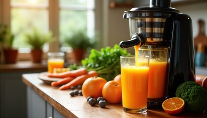 Fresh orange juice pours from juicer into glasses. Healthy fruits, vegetables like oranges, carrots arranged on wooden kitchen countertop. Vibrant home scene. Juicing fresh produce creates healthy,