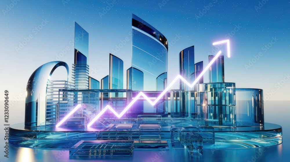 Poster glass cityscape with upward trending graph, symbolizing growth and progress in urban development and