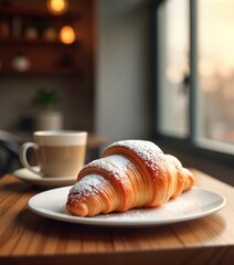 Freshly baked croissant dusted with powdered sugar sits on white plate beside cup of coffee. Morning light streams in through window in cafe. Elegant, stylish breakfast scene. Delicious pastry,