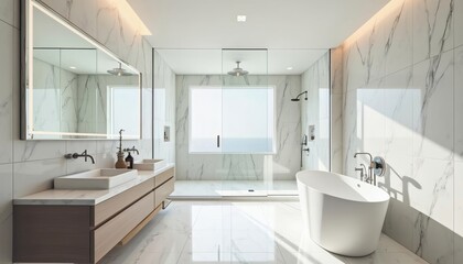 Luxury Ocean View Bathroom Design with Freestanding Tub