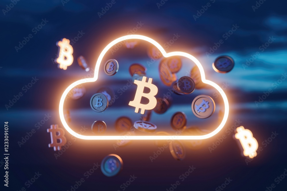 Poster Bitcoin cryptocurrency cloud mining concept; digital coins falling inside glowing cloud.