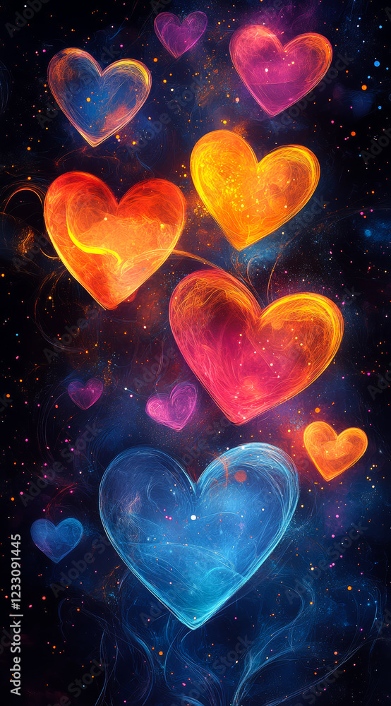 Poster glowing hearts in cosmic space. bright hearts of various colors float in a dark cosmic background, c