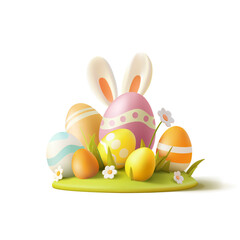 Bunny ears, Easter eggs, grass, daisies, 3D. Beautiful bright image for advertising concepts of Easter celebration. Scene on white background. Vector