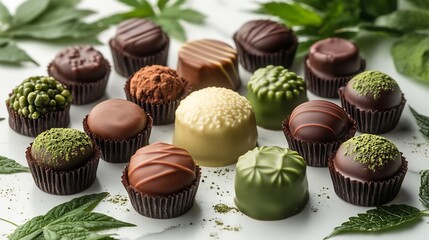 Assorted gourmet chocolates pralines matcha confections artfully arranged on a white background accented with decorative hemp leaves Luxury confectionery and artisanal sweets with modern food styling