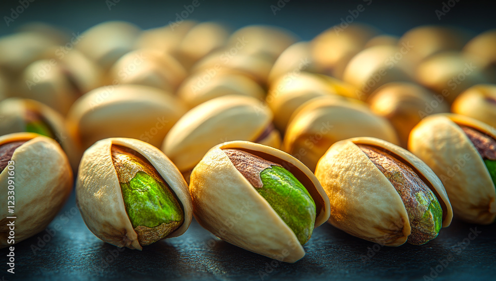 Poster pistachios arranged on a dark surface. pistachios in their shells sit closely arranged on a dark bac