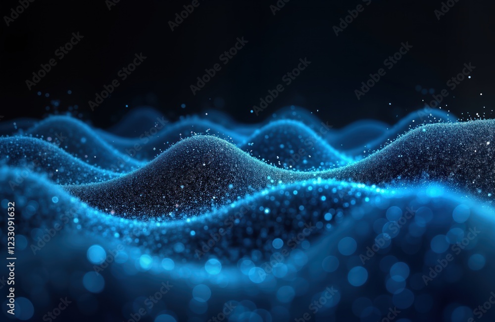 Poster abstract illustration of blue sound waves with particles. digital tech concept. stylish design for m