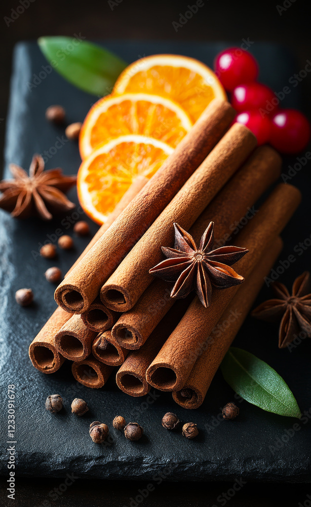 Poster cinnamon sticks and citrus on slate. cinnamon sticks stacked with orange slices and spices on a blac