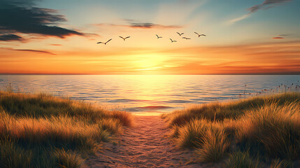Scenic dirt path leads to calm ocean at sunset. birds fly over tranquil water. rich grasses frame the path. peaceful nature scene. sunrise or sunset time. travel concept. Sunset Path. Illustration