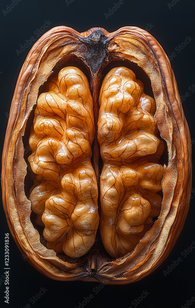 Poster walnut shell reveals nut inside. this walnut shell is split in half, showcasing the intricate patter
