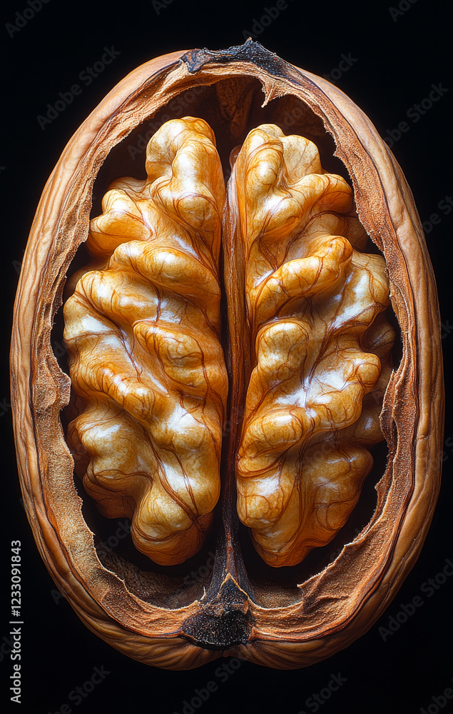 Poster nutritional benefits of walnuts explored. close-up of a walnut split open, showcasing its textured k