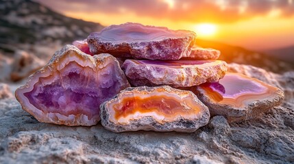 Beautifully stacked agate stones illuminated warm hues of sunset Evoking relaxation meditation and balance ideal for wellness mental health and mindfulness promotions with space for logos or messaging