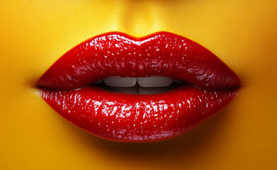 Fototapeta premium Red lips on a bright yellow backdrop. Glossy red lips stand out against a bright yellow backdrop, creating a captivating visual contrast.