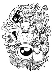 Hand-drawn illustrations, monsters doodle, Hand Drawn cartoon monster illustration,Cartoon crowd doodle hand-drawn Doodle style.black and white stripes coloring  book.