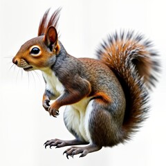 Obraz premium Cute squirrel stands isolated on white background. Fluffy animal with grey fur, reddish tail. Side view closeup of furry creature. Squirrel standing, looking forward. Possible location in meadow