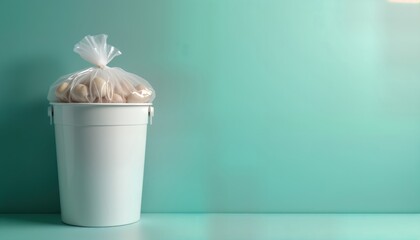 White plastic bin filled with garbage bags. Empty container ready for new waste. Neutral teal background ideal for product presentation. Clean, organized waste disposal. Eco-friendly object. Modern,