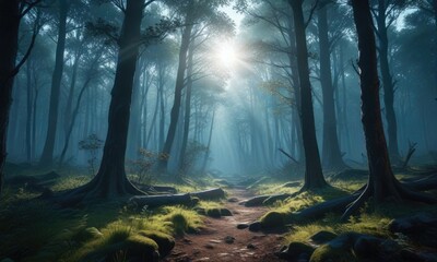 Fototapeta premium Dark forest with sunlight filtering through the trees in a blue hue, shadowy glades, mystical scene