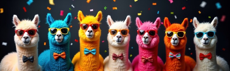 Colorful alpacas wear party hats, sunglasses. Look happy, playful. Pose against dark background. Alpacas bright colors, in row. Colorful confetti pieces falling. Party celebration photo. Alpacas