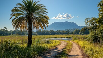 Obraz premium Palm Tree Scenic Dirt Road Mountain View