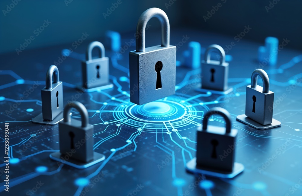 Poster secure tech network. illustration shows digital security system with multiple padlocks. safe cybersp