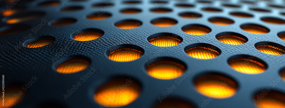 Poster glowing perforated surface. close-up of a textured surface with circular perforations, backlit for a