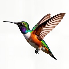 Obraz premium Allen hummingbird in flight. Vibrant colours in plumage. Agile, graceful. Hovering in mid-air. Beautiful bird in nature. Energetic movement. Focus on detail, textures. Photorealistic style