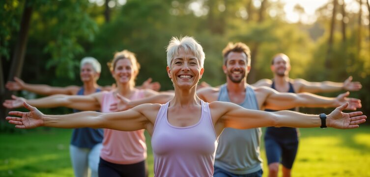 Mature people enjoy outdoor fitness class. Group stretching arms in park. Diverse group breathing exercise. Smiling faces indicate positive well-being. Active, healthy lifestyle. Good posture,
