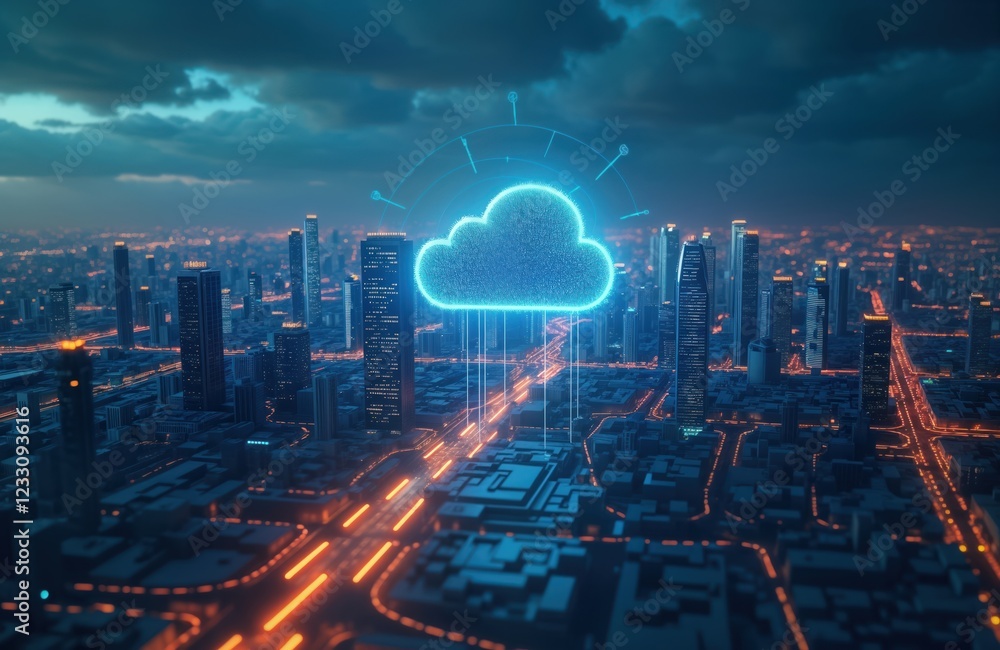 Poster futuristic city at night shows cloud computing data transfer. global network connects skyscrapers. d