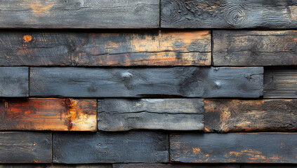 Wooden wall with dark weathered planks. Textured wooden wall features dark, weathered planks with rustic charm and varied tones from natural aging.