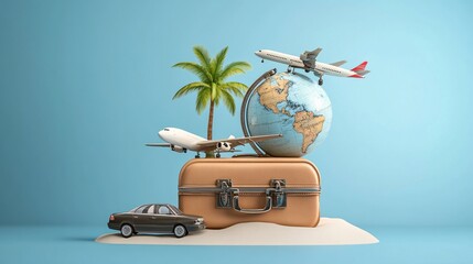 Fototapeta premium Travel Suitcase With Globe Planes And Palm Tree