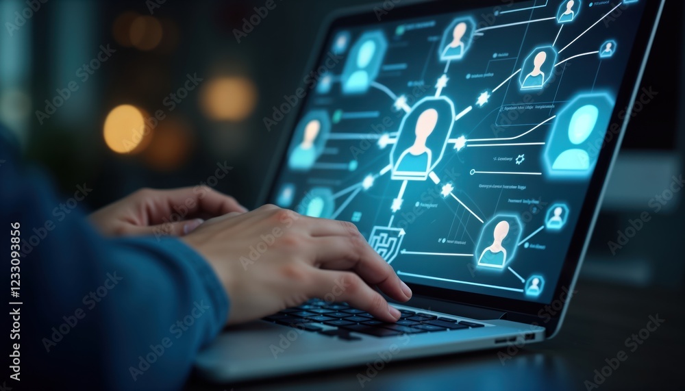 Poster person types on laptop with virtual profiles, checklists displayed. interactive user profile data ma