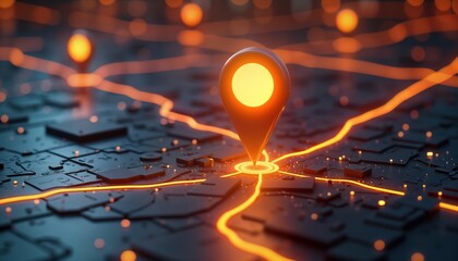 Digital map highlights glowing location pin. Tech map shows navigation route. Modern tech design. City center pinpoints destination. Route plan on digital map. Geolocation. Navigation system in