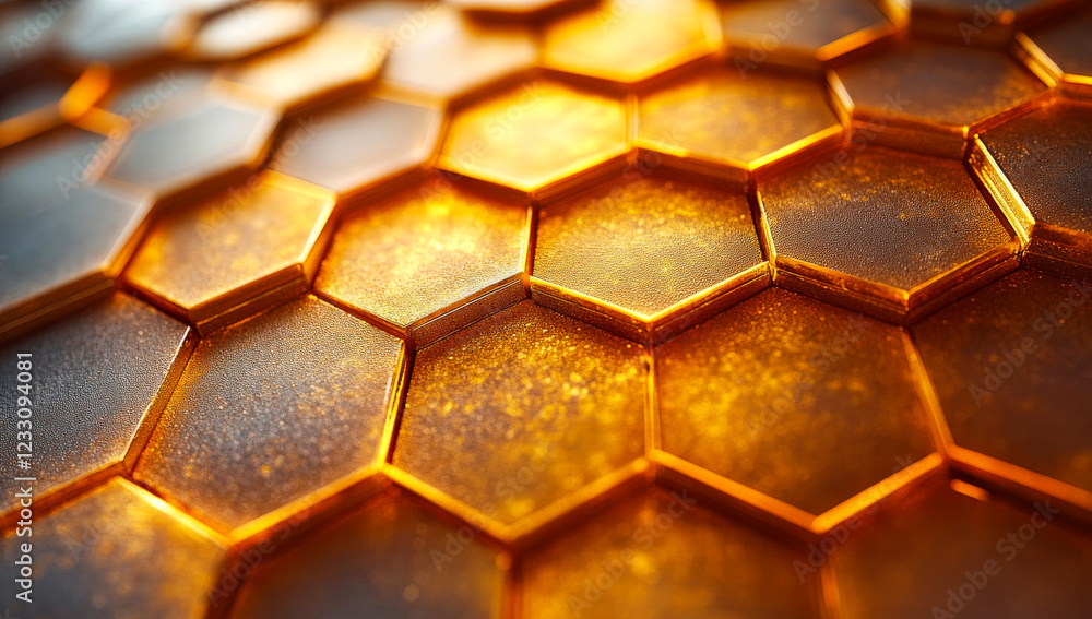 Poster golden honeycomb pattern details. intricate hexagonal shapes showcase a shimmering golden surface wi