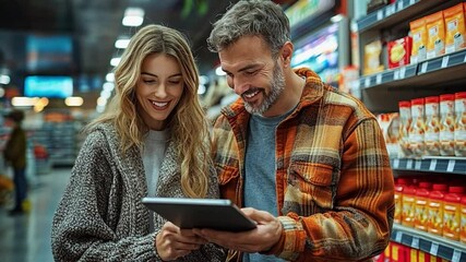 Couple Grocery Shopping:  A young couple smiles as they check their grocery list on a tablet while shopping for snacks in a brightly lit supermarket aisle. - Powered by Adobe