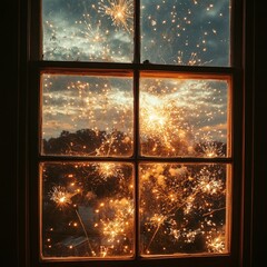 Fireworks seen through a window at night, creating a festive and celebratory ambiance. Perfect for holiday or special event themes.