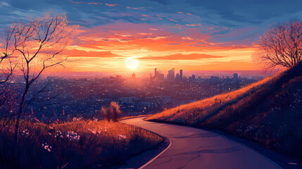 A scenic hilltop pedestrian path offering breathtaking views of a city skyline at sunset. Sunset Path. Illustration
