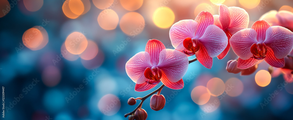 Poster pink orchids with soft bokeh. delicate pink orchids bloom gracefully with a charming bokeh backdrop 