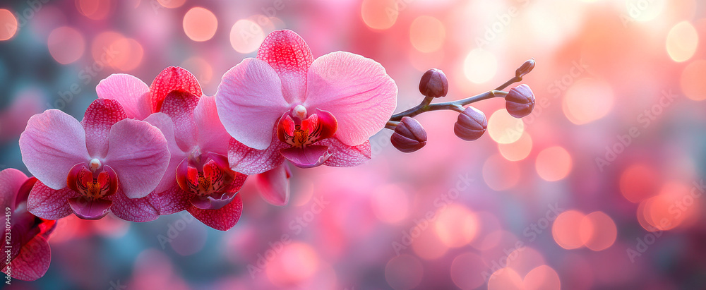 Poster stunning pink orchids in a soft light. pink orchids bloom gracefully in soft light, with bokeh effec