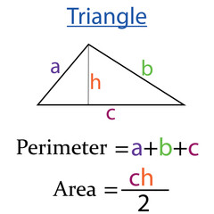 Perimeter and area of triangle in math. shapes in geometry. Vector illustration.
