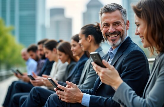 Business people in urban setting. Group uses mobile phones during break time. Mature man smiles at camera. Colleagues relax outdoors. Informal discussion happening. Modern lifestyle. Positive