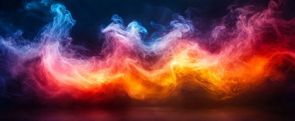 Fototapeta premium Artistic colorful smoke swirls. Vibrant smoke in red, blue, and yellow hues creates a dynamic abstract display in a dark setting.