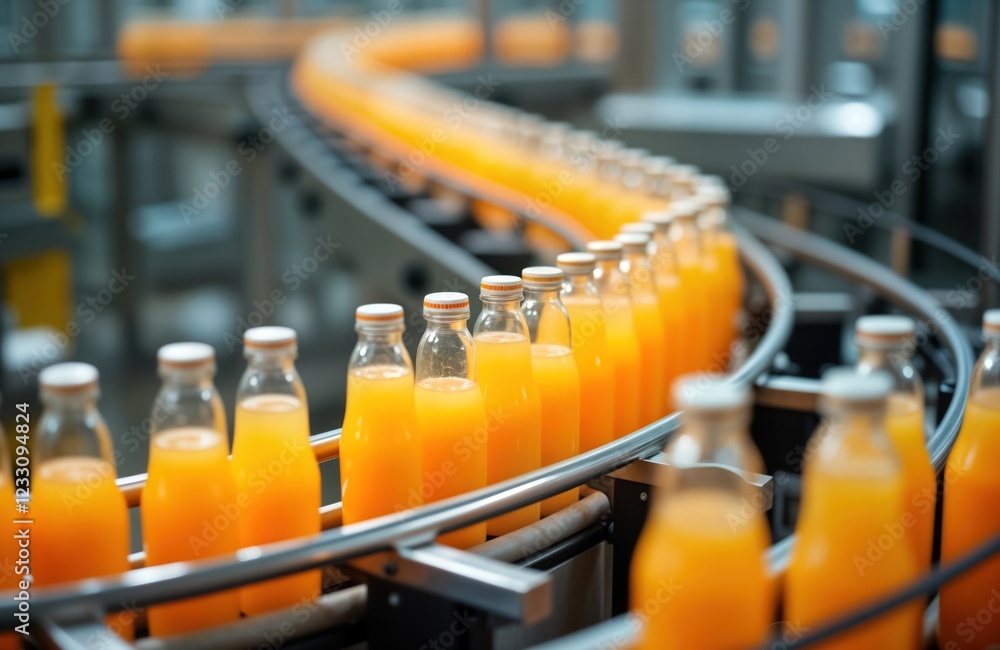 Poster automated juice bottling line in modern factory. glass bottles filled with orange juice move along c