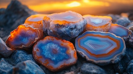 Close up of vibrant agate stones stacked against glowing sunset sky representing balance peace calming background wellness holistic health meditation focused advertisements space for text or branding