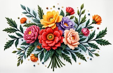 Intricate floral embroidery pattern with colorful flowers, leaves. Detailed craft design on white background. Beautiful bouquet. Hand-made look. Great for home decor fashion design. Vibrant colors