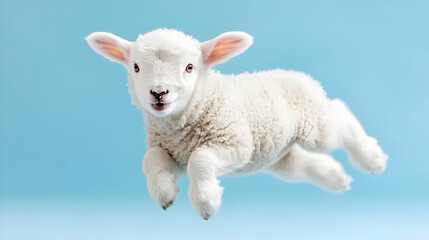 Fototapeta premium Lamb leaping, blue background, spring, Easter