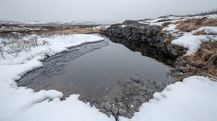 Winter Icelandic landscape, snowy pool, basalt rocks, overcast sky, travel photography