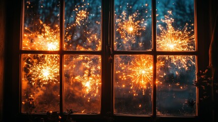 Fireworks seen through a window at night, creating a festive and celebratory ambiance. Perfect for holiday or special event themes.