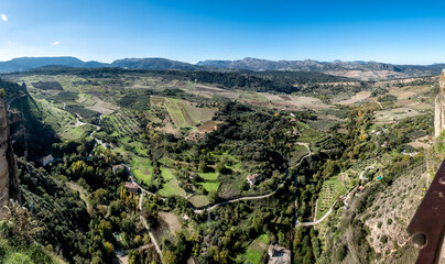 Ronda, view from city walls to landscape. Panoramic view from terrace of city Ronda to surrounding...